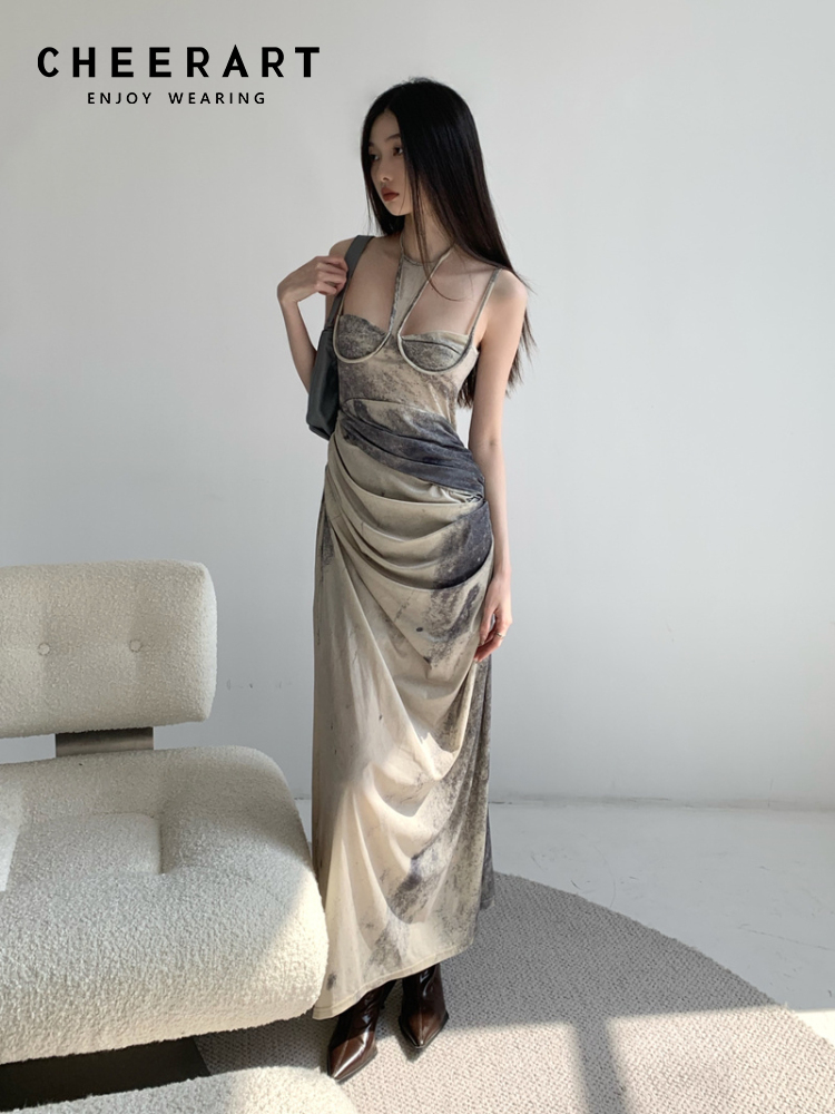 CHEERART – robe longue de styliste pour femmes, teinture par nouage, col licou, froncée, ligne A, dos nu, Maxi, vêtements à la mode, été, 2023