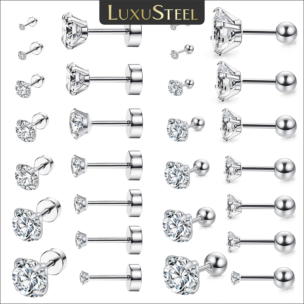 LUXUSTEEL Anting Tindik Telinga Zirkonia Kubik Bulat Baja Tahan Karat untuk Wanita Pria CZ Mengkilap 2023 Warna Perak Anting Kancing Perhiasan Tubuh