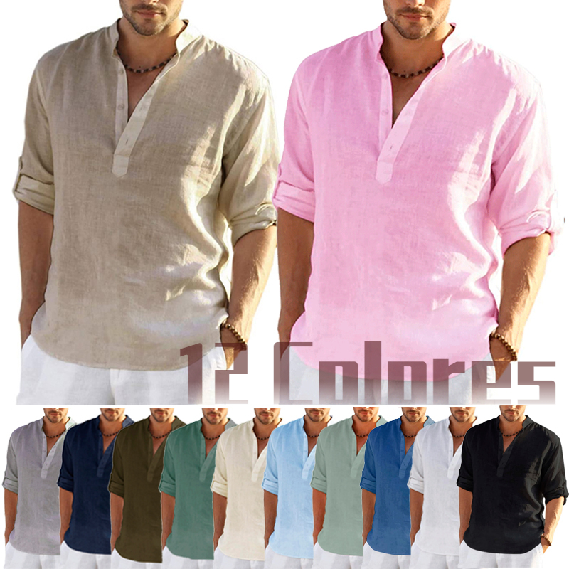 Novo masculino linho manga longa camiseta cor sólida solta camisa casual manga longa camisa de linho de algodão
