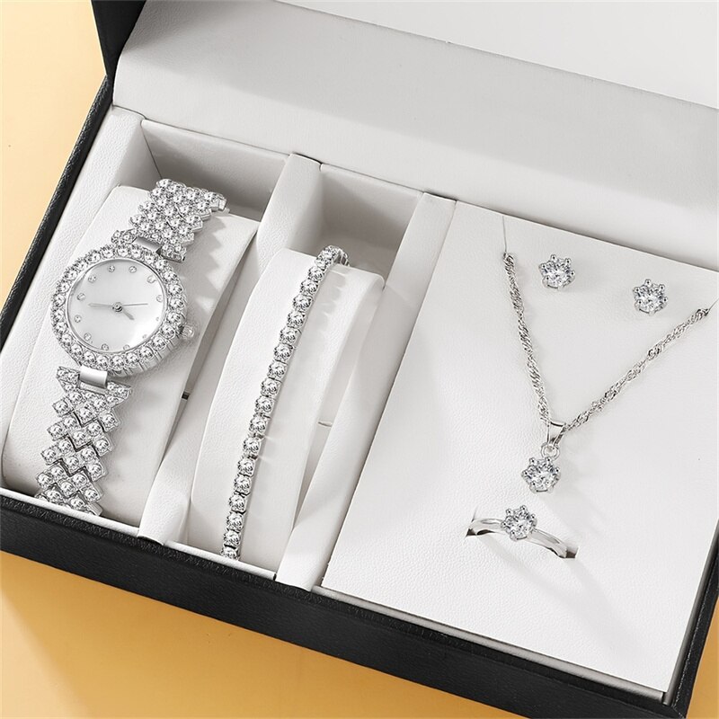 Mulheres Strass Relógio de pulso e pulseira, relógio de luxo, colar com anéis, brinco, relógios casuais para senhoras, relógio fashion, 6 peças