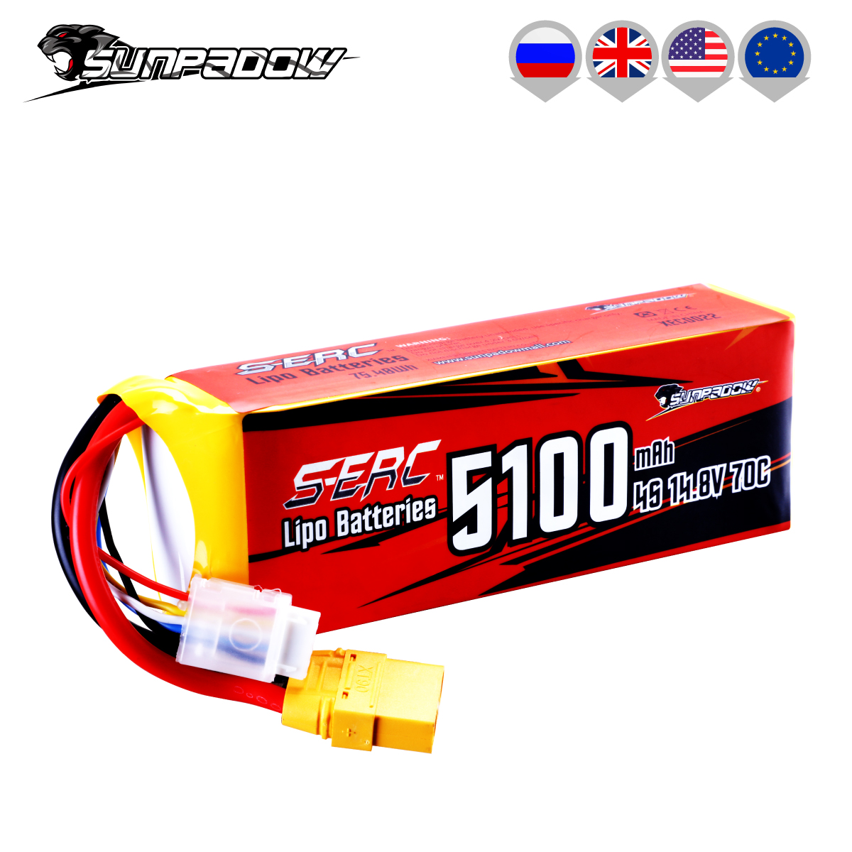 SUNPADOW 4S 14.8V batterie Lipo 5100mAh 70C avec prise XT90 pour véhicules RC voiture camion réservoir Buggy Truggy course passe-temps