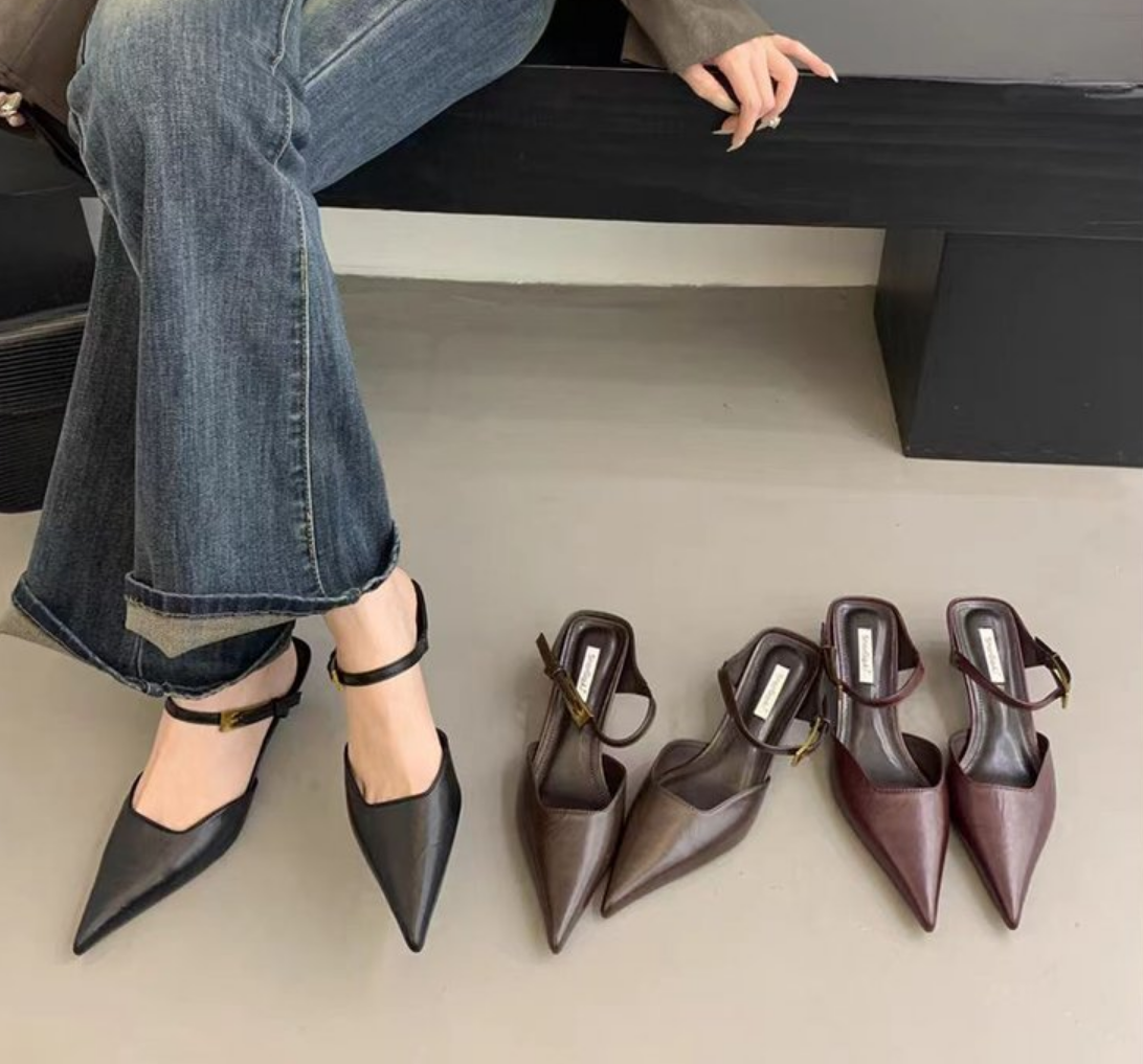 Retro estilo de rua design fino salto alto apontou toe bombas femininas fivela cinta banquete festa estilingues feminino mules sapatos