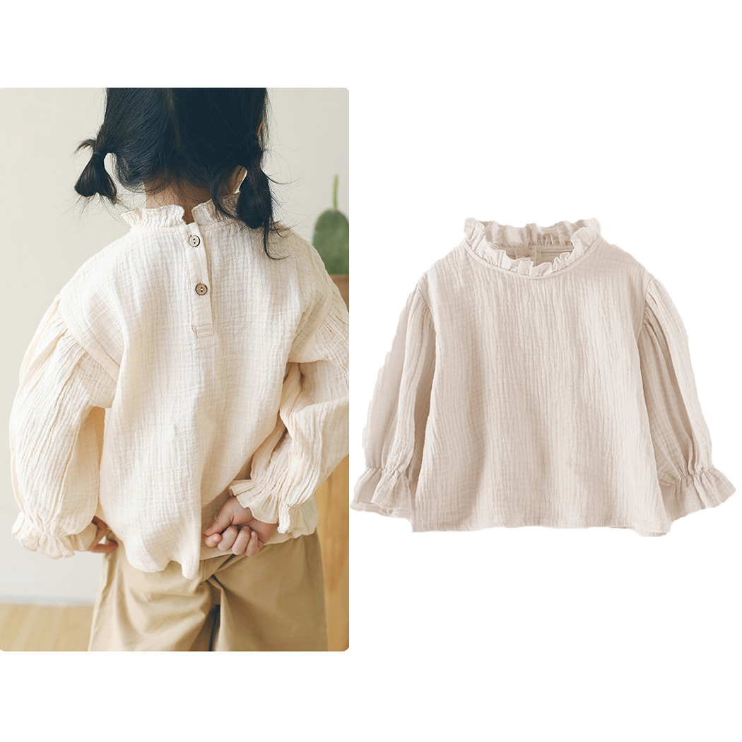 Tops de manga larga para niñas pequeñas, camiseta lisa de algodón y lino con volantes, camisas florales para niños, camisetas informales, blusas para niñas 1-6T