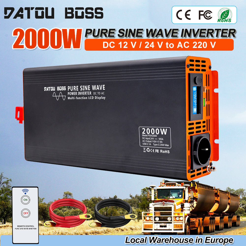 Inversor de Onda Sinusoidal Pura DATOUBOSS de 2000W, 12V/24V DC a AC 220V, Convertidor de Energía Solar para Camiones con Pantalla LCD y USB Tipo C