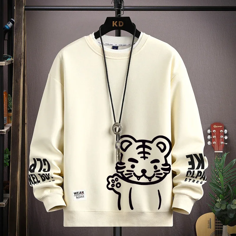 Japão dos desenhos animados moletom masculino hoodies outono tigre impresso manga longa camiseta moda roupas masculinas cáqui o pescoço harajuku topo