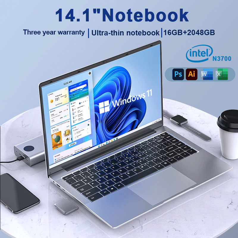 Ultra cienki Laptop 14.1 "16GB RAM 1TB SSD Intel N3700 Notebook Gamer 1920*1080 wyświetlacz biurowy komputer do nauki Windows 11 Pro