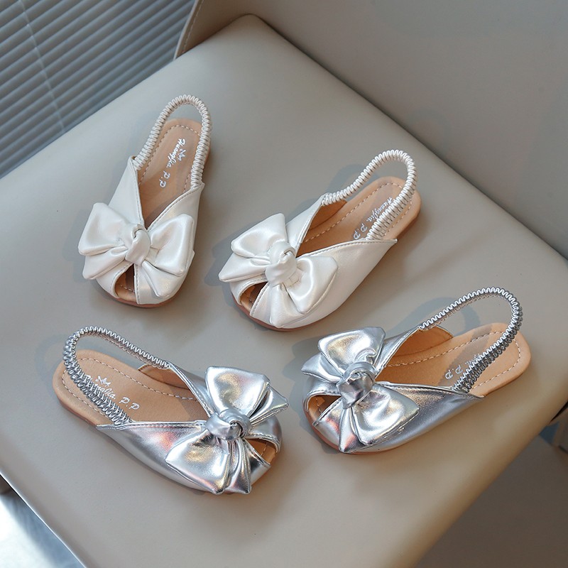 Novo verão sandálias da menina peep toe elástico tira bege crianças sliders bowknot gracioso flexível na moda crianças sapatos planos