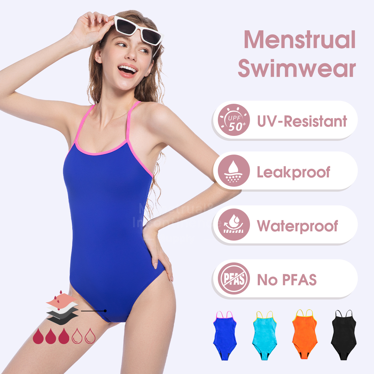 Menstrual Swimsuit for Teen One Piece Period Swimwear Breathable Reusable 4-Layer Leakproof Protection High Absorption Bathing S
