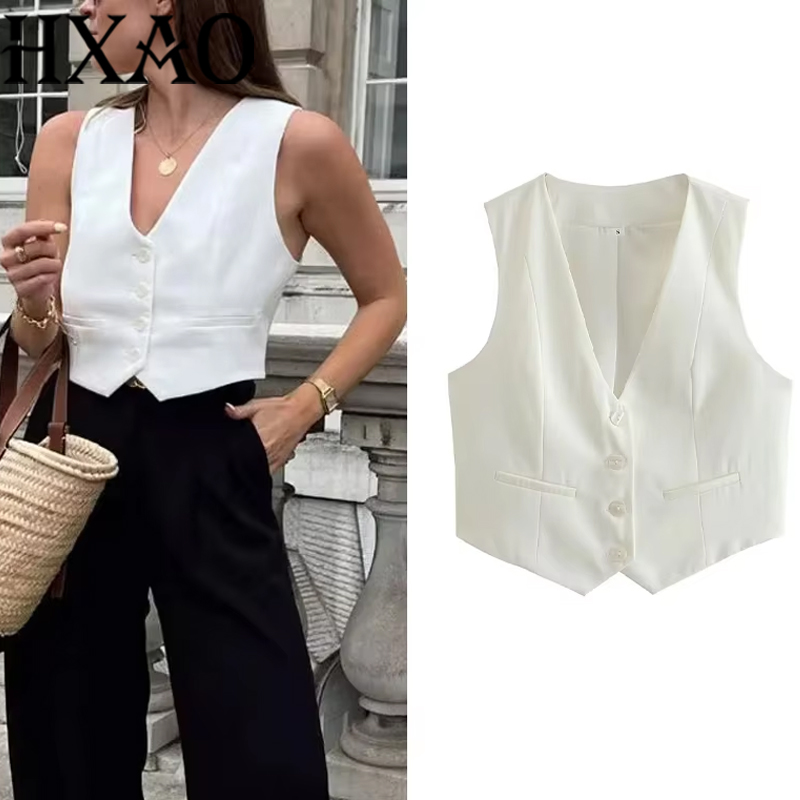 HXAO Short Women Vest Top V-Neck Sleeveless Button Lady Waistcoat New In 2024 Spring Summer Fashion Elegant Office Lady Top