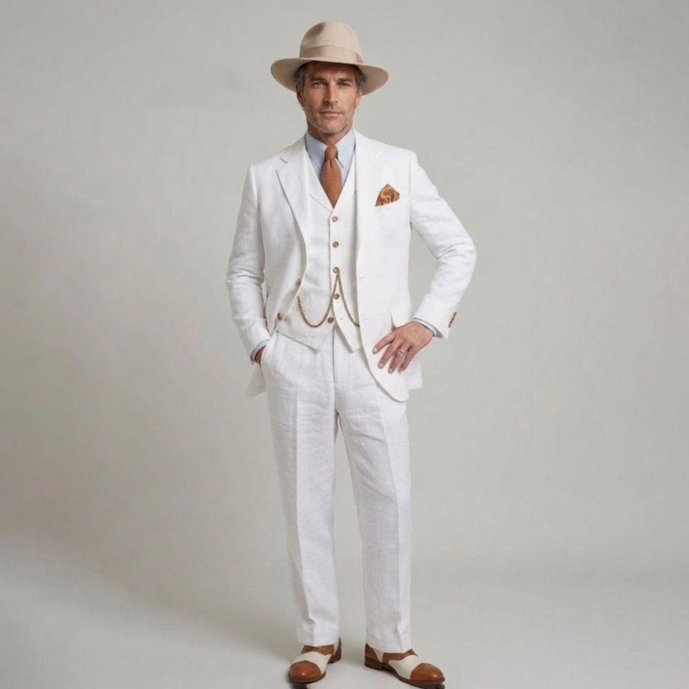 Traje de novio de lino blanco de 3 piezas, traje de hombre para graduación, traje de verano ajustado, blazer, pantalones y chaleco, conjunto para playa, traje para hombre