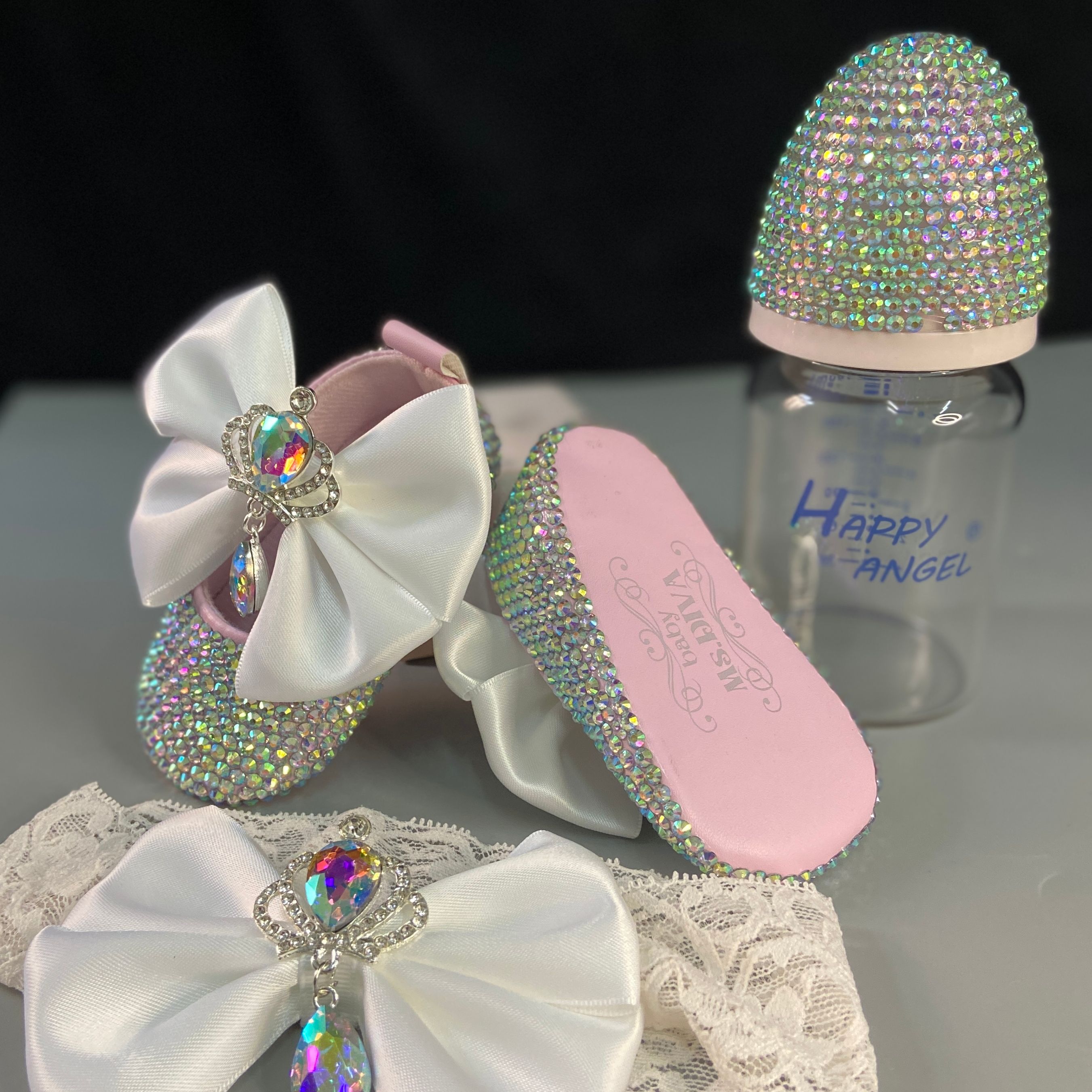 Dollbling, biberones y zapatos de lujo para bebé, conjunto con diadema, traje de tutú de diamante de recuerdo, zapatos de bautismo para niña pequeña con fondo rojo