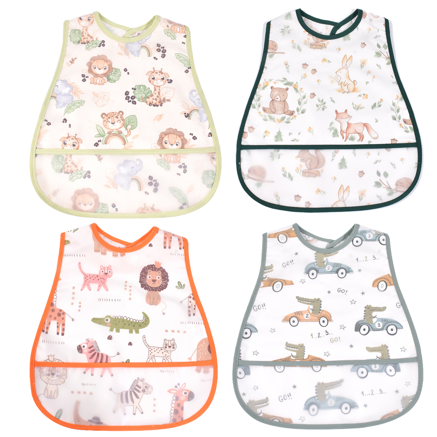 4Pcs/Set Cute Cartoon Pattern EVA Baby Bibs Adjustable Dirt Proof Waterproof Baby Bibs Big Pocket Burp Cloths for Girls Boys