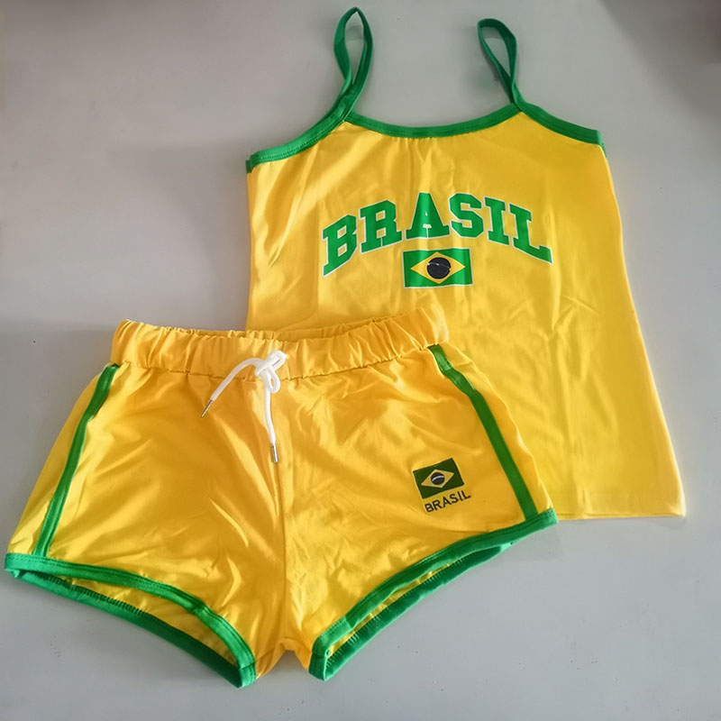 Conjunto de dos piezas Y2k Sling + pantalones cortos Brasil con estampado de letras, camiseta sin mangas de verano para mujer, camisola ajustada sin espalda, Tops cortos, camiseta