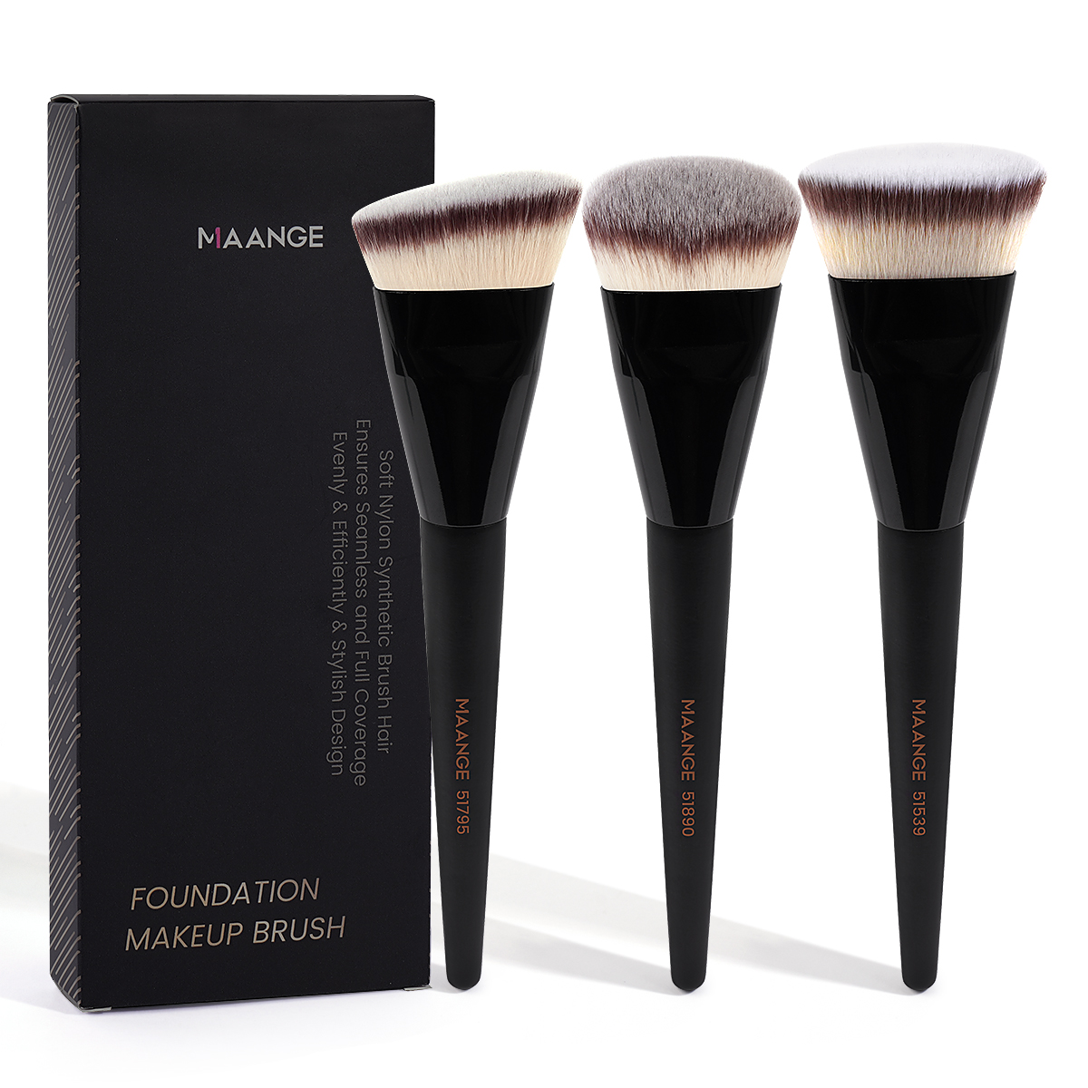 MAANGE-Juego de brochas de maquillaje, 3 uds., ángulo redondo, cabeza plana, brocha para base, cerdas suaves con caja, herramienta de maquillaje agradable para la piel para belleza