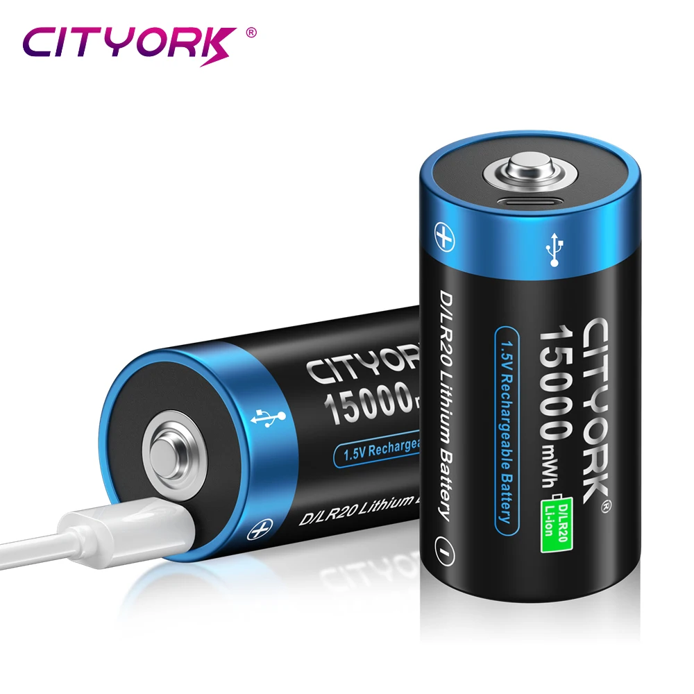 Batería recargable CITYORK tamaño D LR20 de 1.5V con carga USB, baterías de iones de litio tipo D para estufa de gas, linterna y calentador de agua.