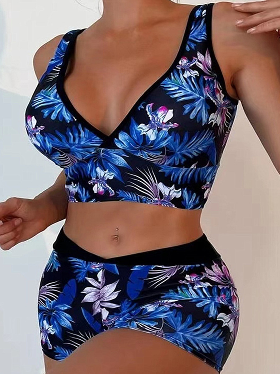 Bikini tipo bóxer con estampado de cuello en V y cintura para mujer, traje de baño acolchado, bañadores para mujer, traje de baño, ropa de playa 2024