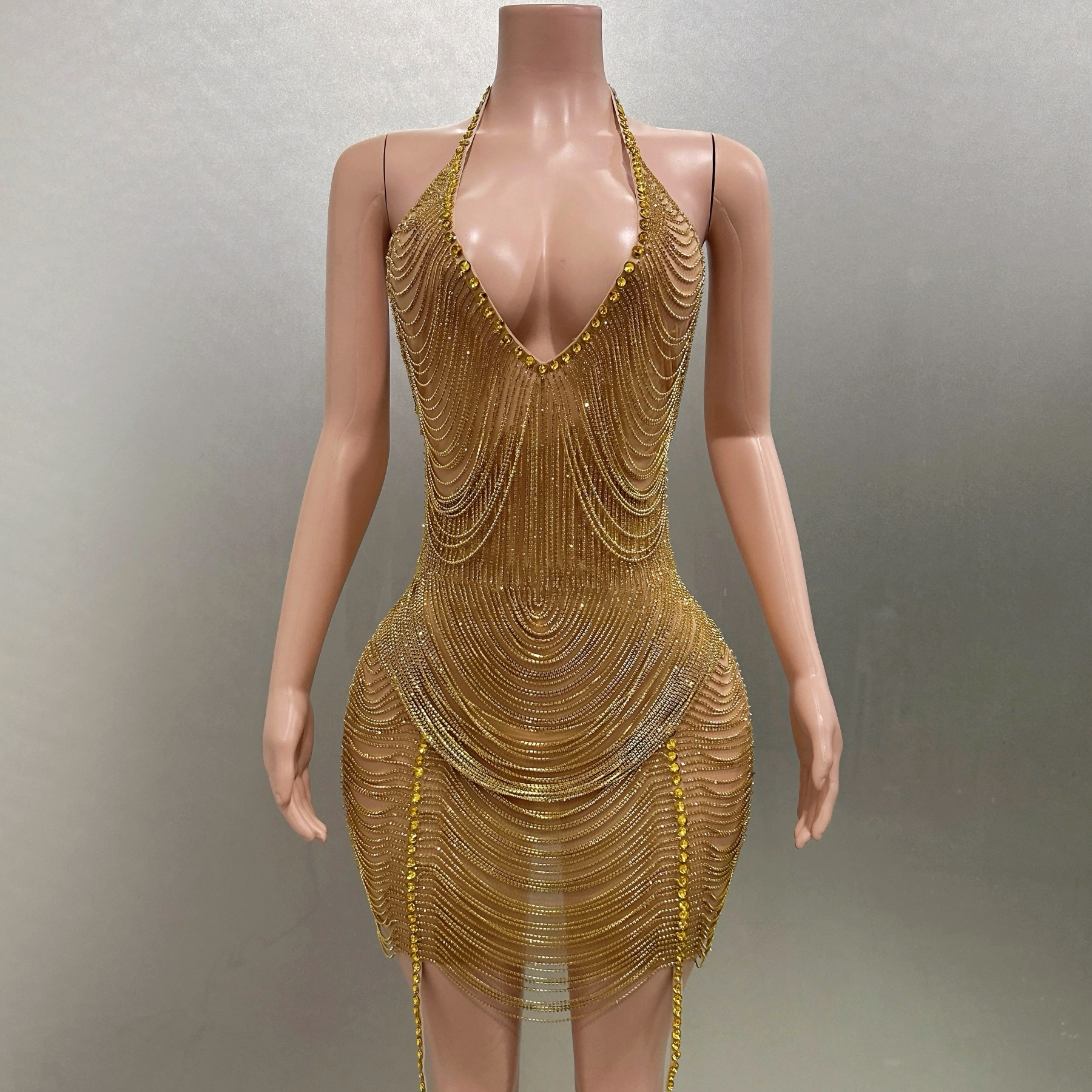 Mini vestido com corrente de strass e borla, bainha sem encosto, roupa sexy de palco para aniversário, festa noturna, traje de performance para cantora