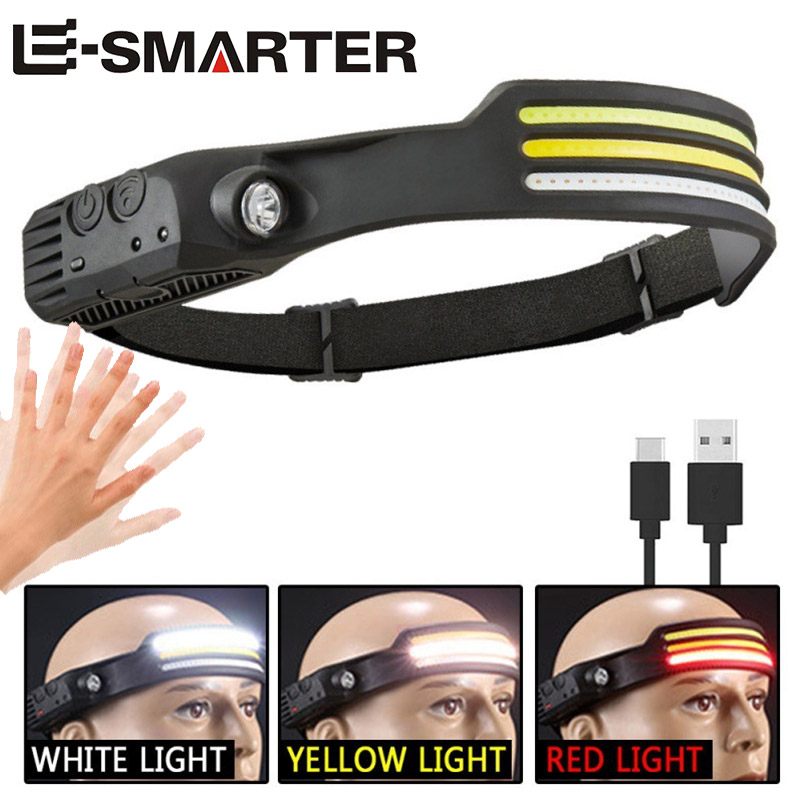 Stirnlampe mit COB-LED-Sensor, Induktionsscheinwerfer, eingebauter Akku, Taschenlampe, wiederaufladbar über USB, Stirnlampe, 5 Beleuchtungsmodi, Scheinwerfer