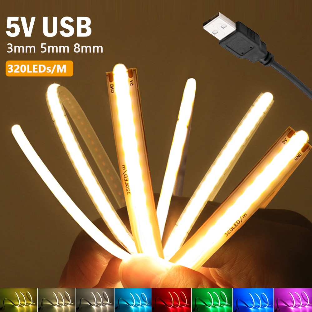 Fita de LED COB de 5V 3mm 5mm 8mm para PCB, Alimentada por USB, Vermelho, Verde, Azul, Rosa, Branco Quente, Alta Densidade 320 LEDs, Fita Flexível