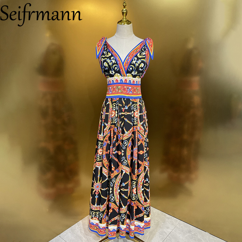 Seifrmann Casual bedrukte katoenen jurk met schouderbandjes, v-hals, mouwloze taille, lange jurk, 2026 zomer, nieuwe stijl voor dames