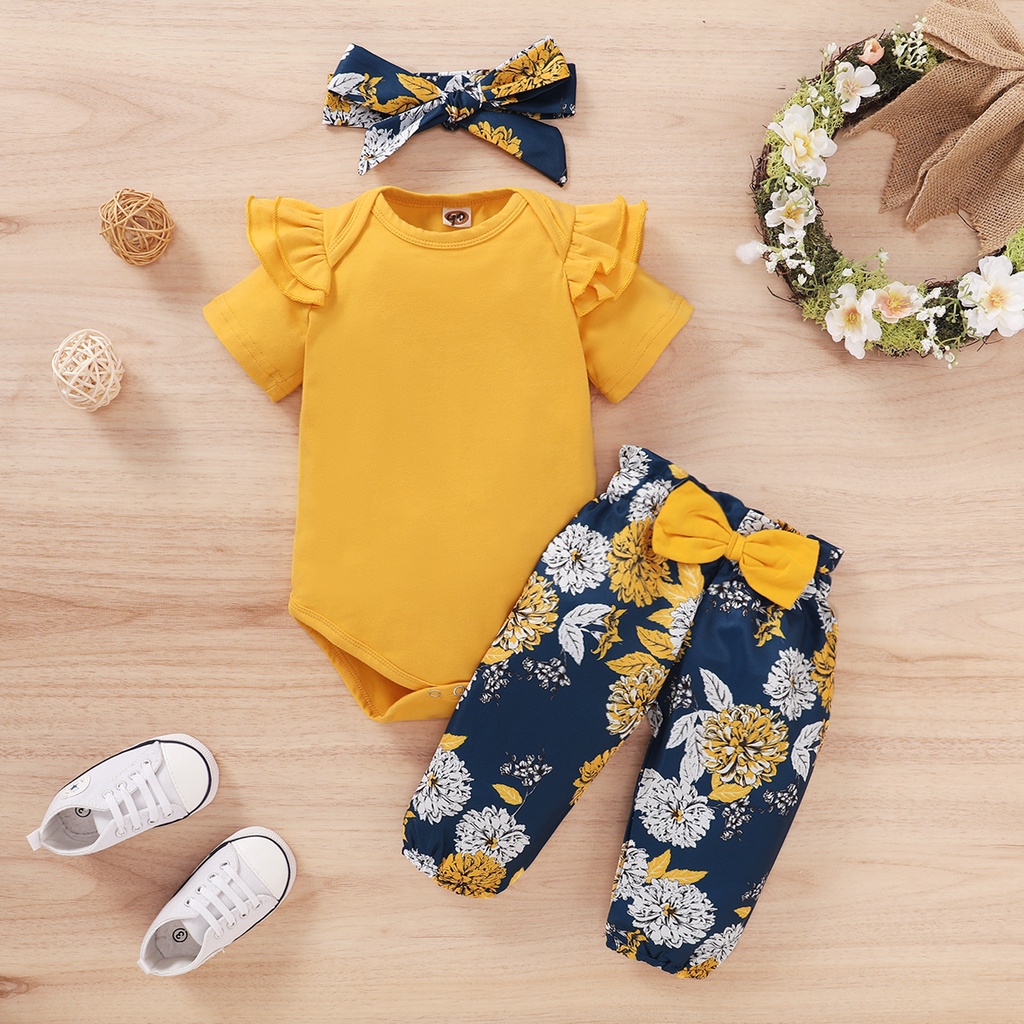 Set pakaian bayi perempuan baru lahir, 3 potong Bodysuit lengan pendek + celana Motif bunga dengan pita + ikat kepala untuk bayi perempuan 0-18 bulan