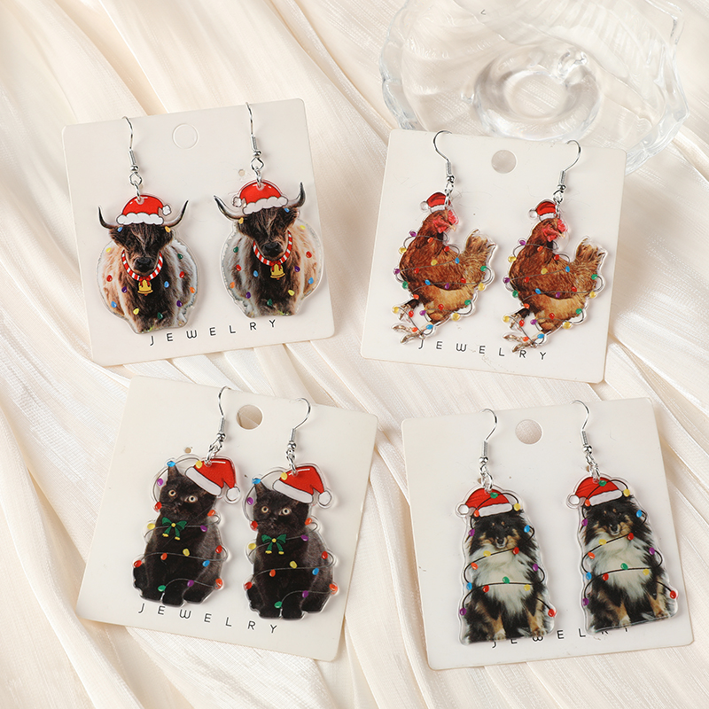 1Pair Christmas Animals Woman Dangle Earrings Acrylic Chicken Dog Cat Cow With Light Bulb Drop Earrings For Girl Birthday Gift
