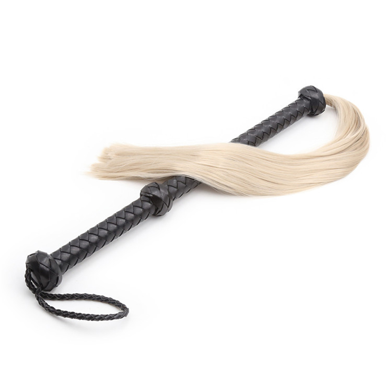 44,5 cm de cuero negro tejido mango largo borlas de hilo plateado látigo para caballo cultivo Flogger Paddle Slapper entrenamiento de caballos