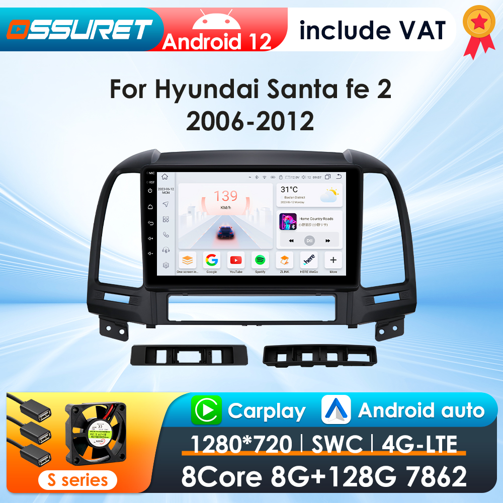 Radio samochodowe OSSURET CarPlay Android 12 do Hyundai Santa Fe 2 2006-2012 Samochodowy odtwarzacz multimedialny Navi GPS 2din 4G-LET autoradio RDS