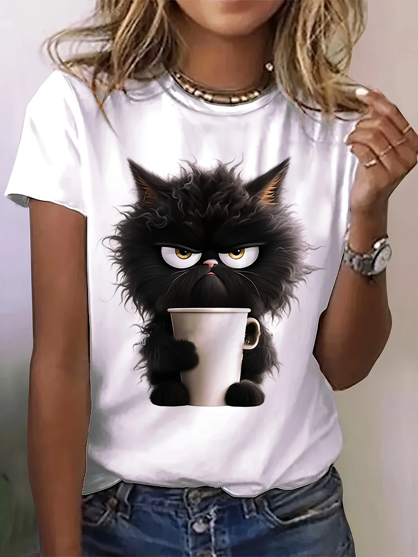 T-shirt de manga curta com estampa de gato mulher, top casual com gola redonda, roupas primavera e verão
