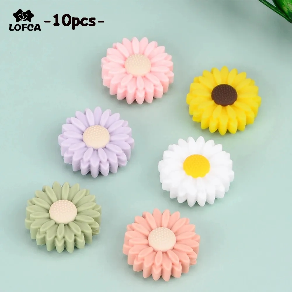 LOFCA 10 шт. силиконовые бусины с подсолнухом, цветок ромашки, прорезыватель для зубов, детские игрушки для прорезывания зубов, мультяшные без BPA, жевательные аксессуары для детского ожерелья