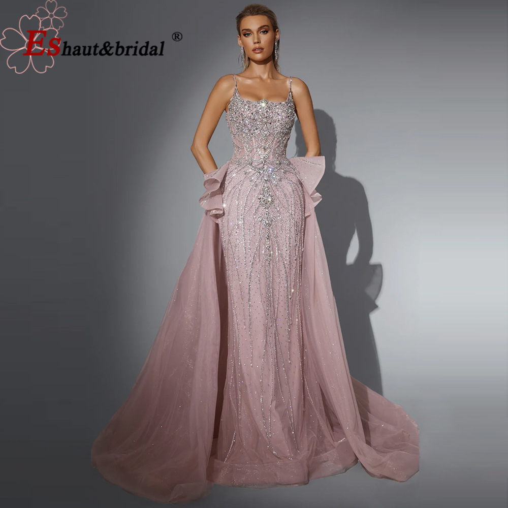 Eshaut&Bridal Luxury Beaded Mermaid Evening Dress Spaghetti Strap Detachable Overlay Formal Prom Wedding Party Gown Customized