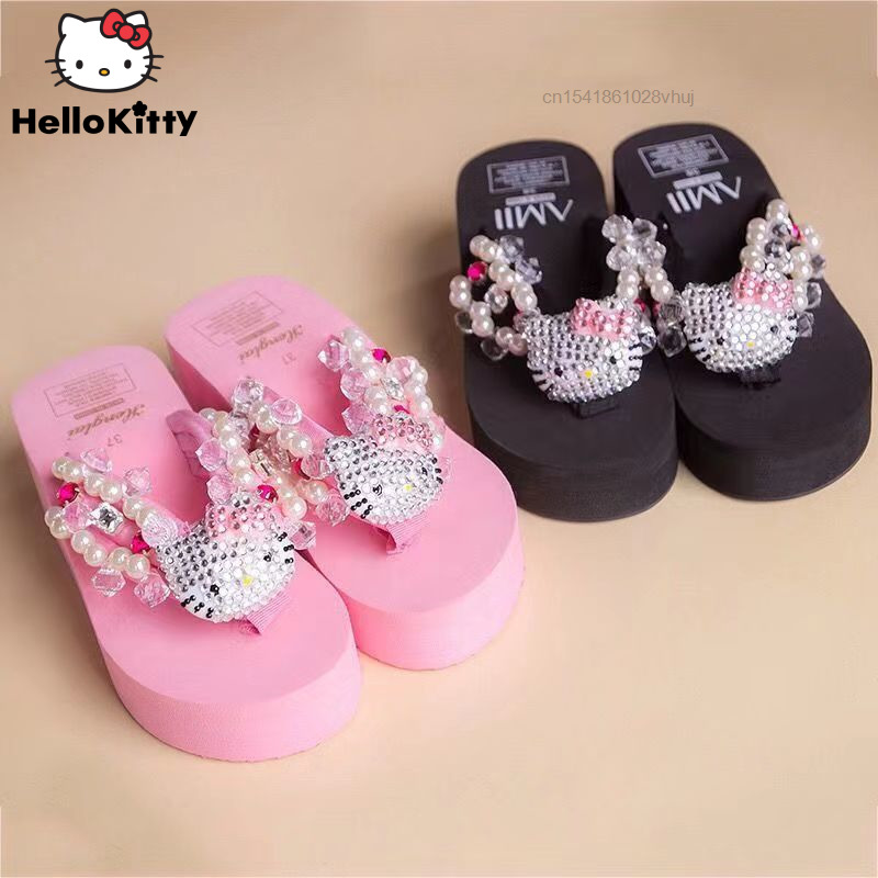 Mùa Hè Mới Hello Mèo Kitty Mềm Mại Xỏ Giày Sandal Giày Đi Biển Nữ Y2k Kawaii Giày Đế Xuồng Xỏ Giày Cao Gót dép Nữ