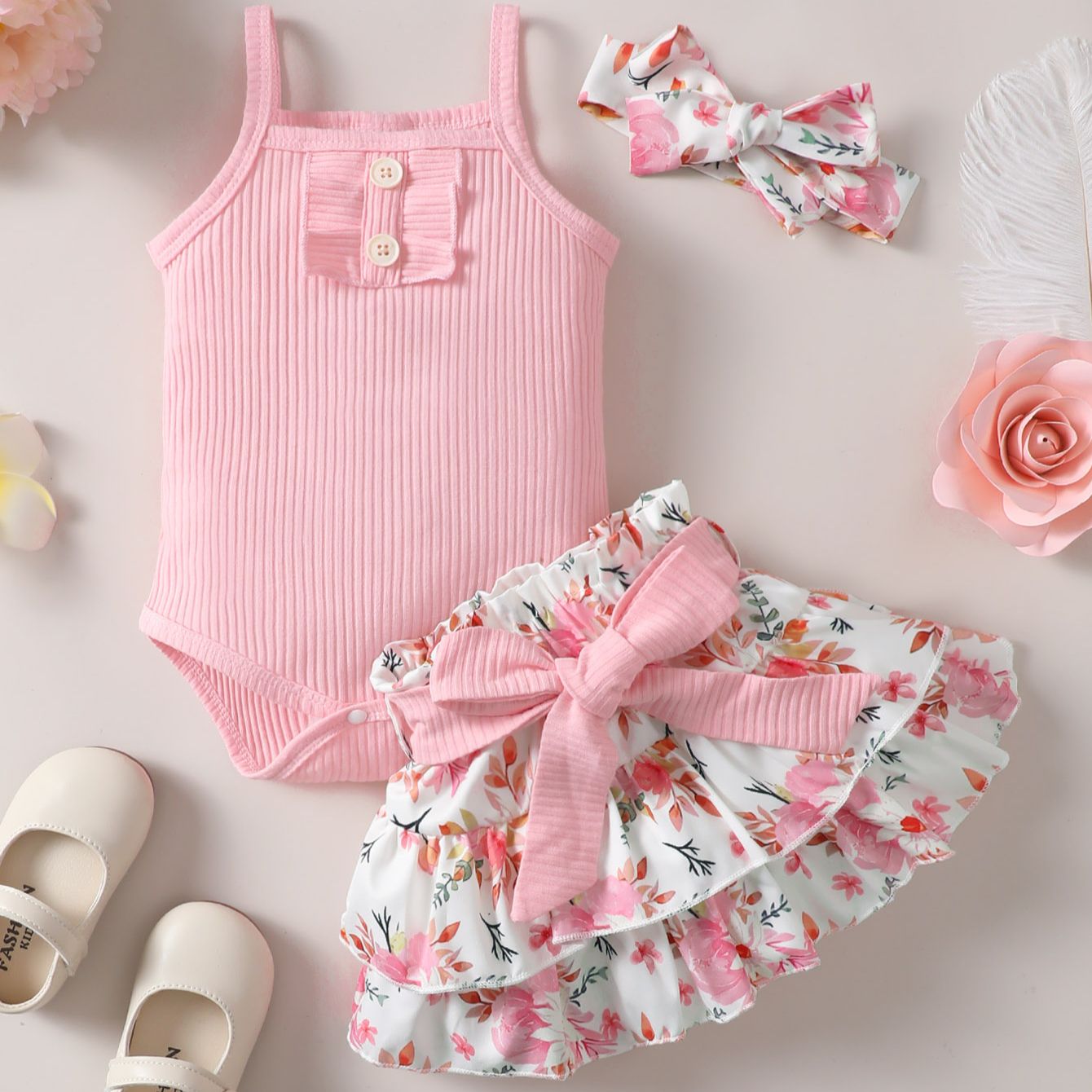 0-2 歳の新生児女の子夏ノースリーブサスペンダージャンプスーツ花柄ショートスカートかわいいファッション幼児セット