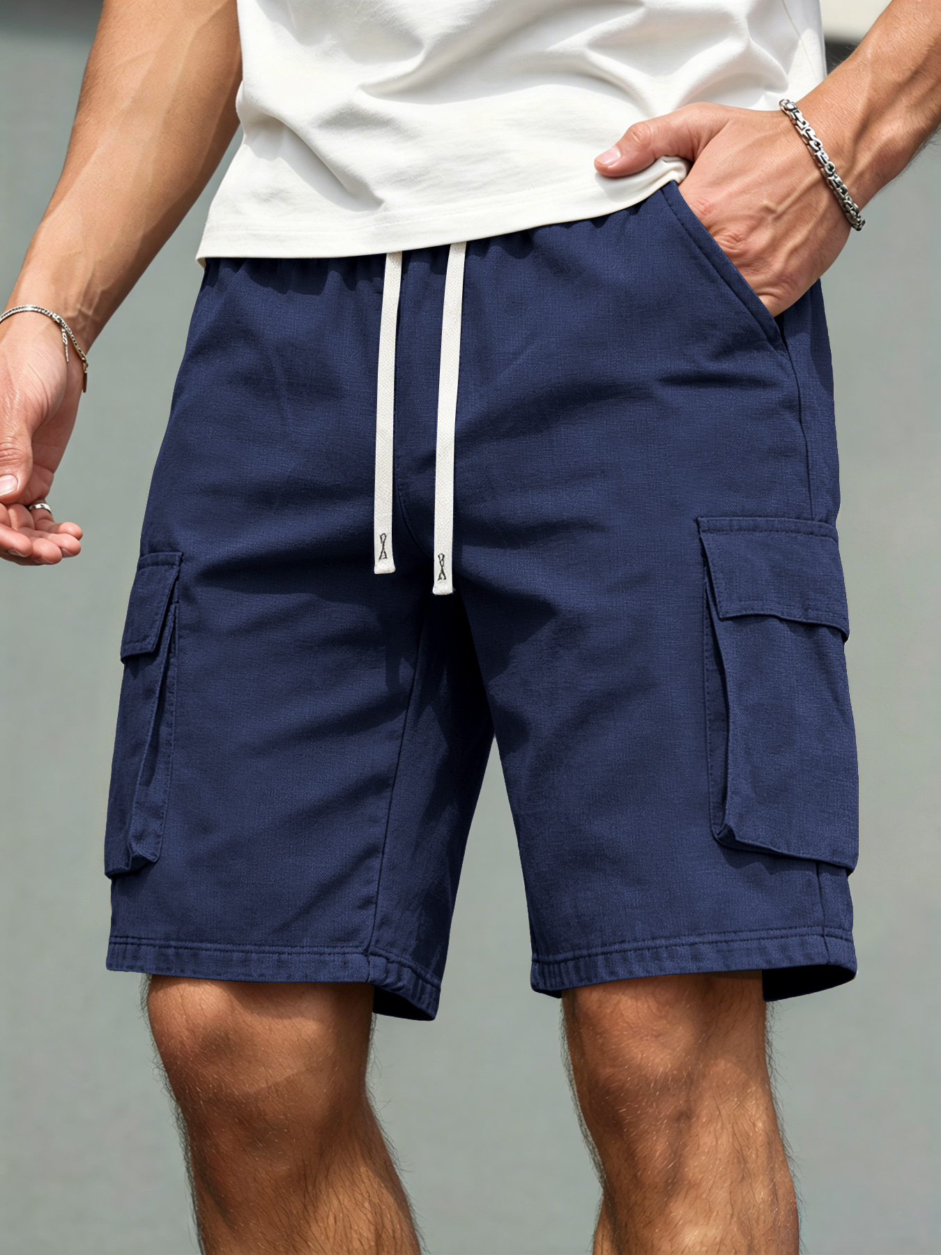 Calças masculinas de linho soltas com perna reta 2026, shorts casuais de trabalho com vários bolsos, shorts diários de alta qualidade com cordão