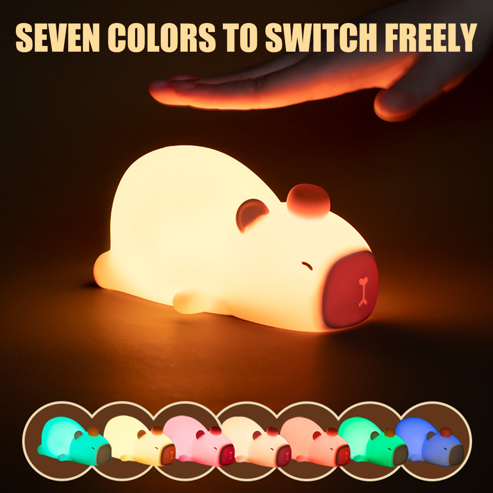 Kreatives Capybara-Nachtlicht, Silikon, 7-Farben-Licht, Pat-Kontrolle, Tierlampe, wiederaufladbar, Nachttisch-Schlaflampe für Kinderdekoration