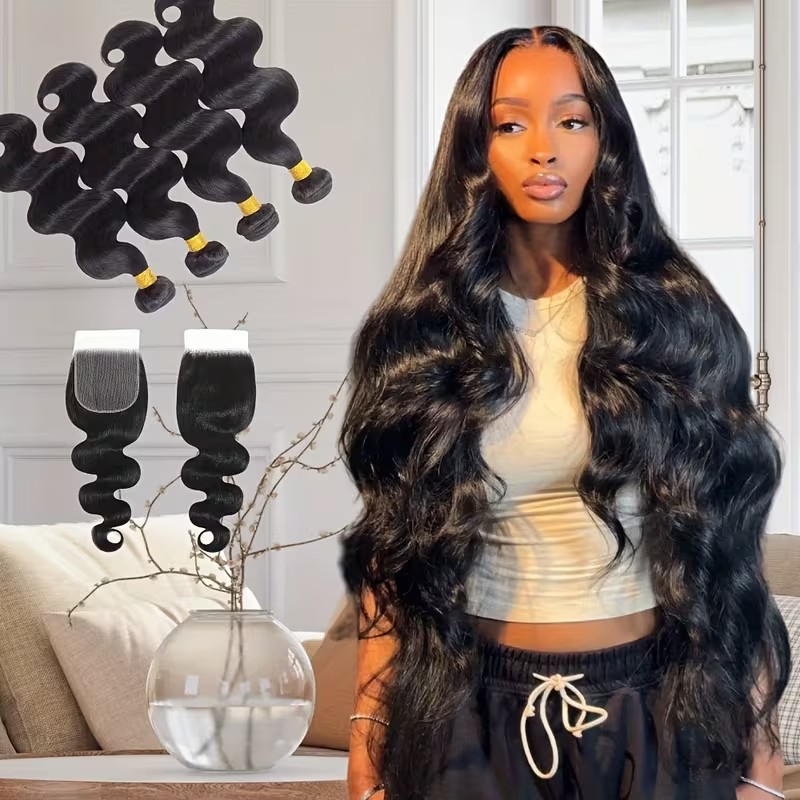 Extensions de cheveux humains brésiliens naturels ondulés avec closure 4x4 et 5x5, lot de 3 mèches