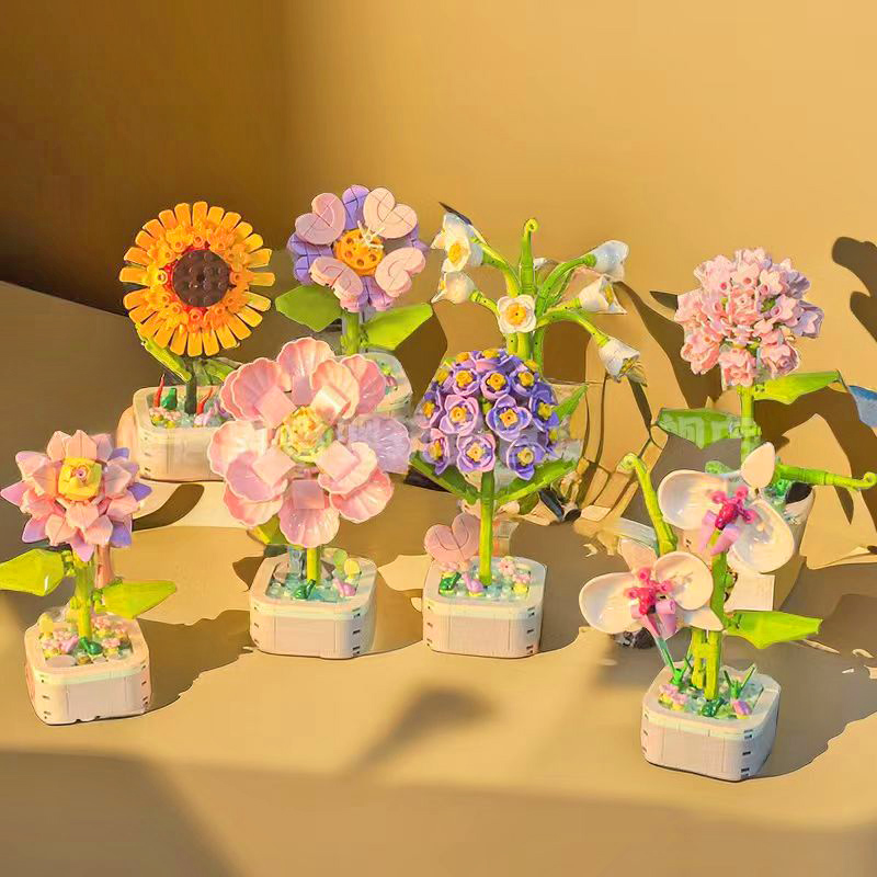 Buquê, Blocos de Construção, Plantas em Vasos, Blocos Modelo, Rosas, Girassóis, Brinquedos Montados, Decoração de Casa, Presentes de Natal