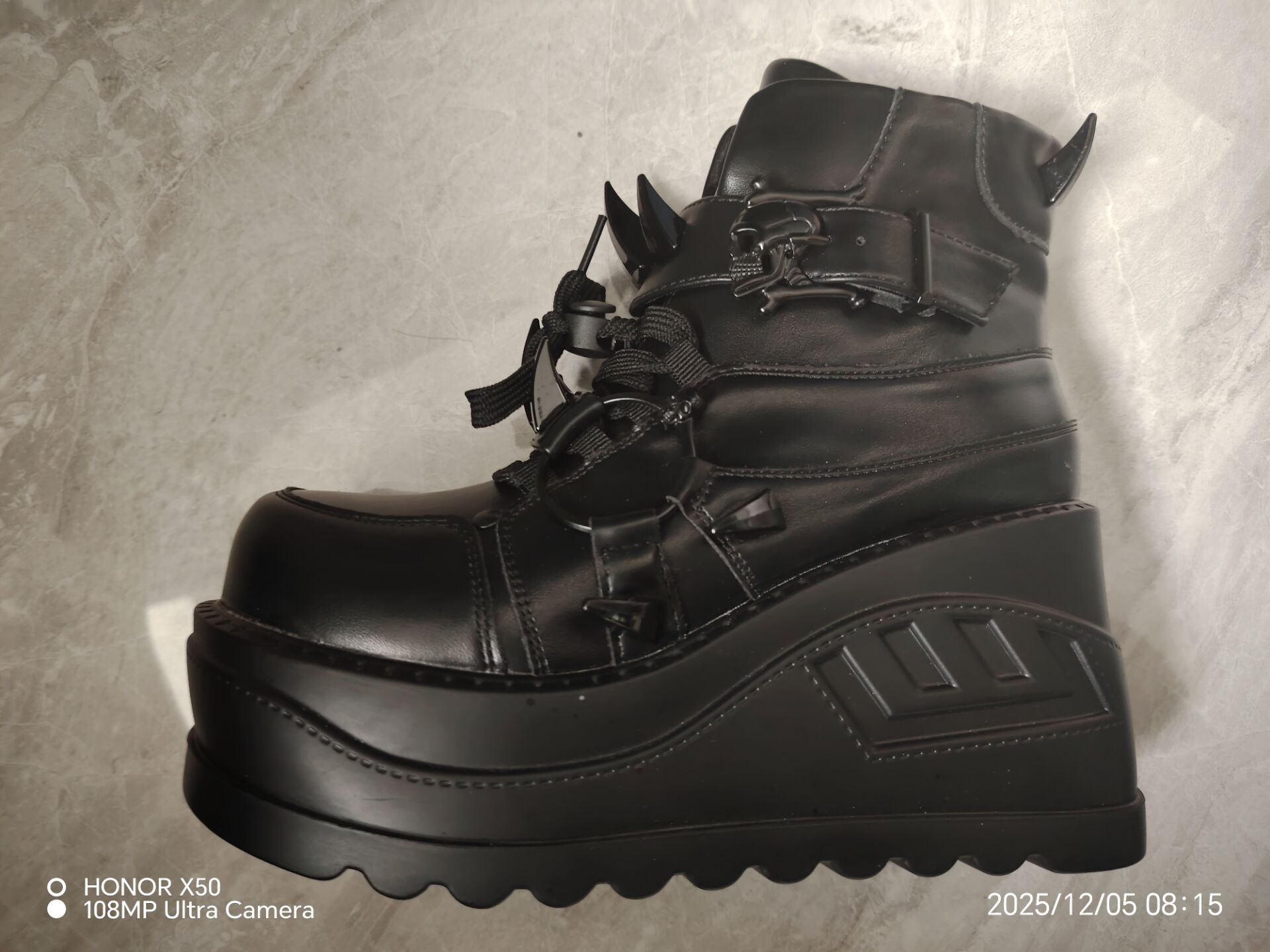 2026 Women Genuine Leather Black Skull Decorated GothicTide 9cm Platform Lace-Up Short Boots