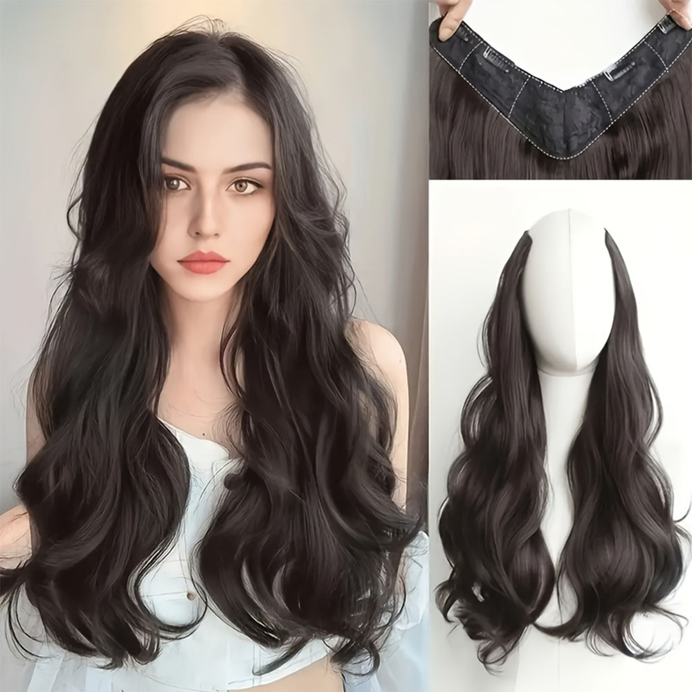 20 inch synthetisch lang krullend haarverlengstuk 4 clips V-vorm natuurlijk bruin zwart haarstukje voor dames