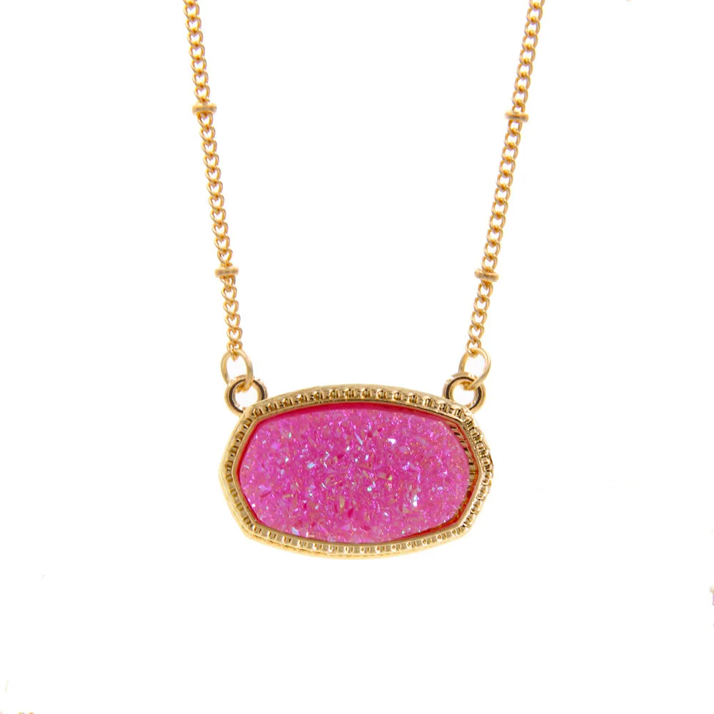 Resina Oval Druzy Colar Pingente para Mulheres, Corrente Cor Dourada, Estilo Drusy Hexagon, Marca Designer de Luxo, Jóias da Moda