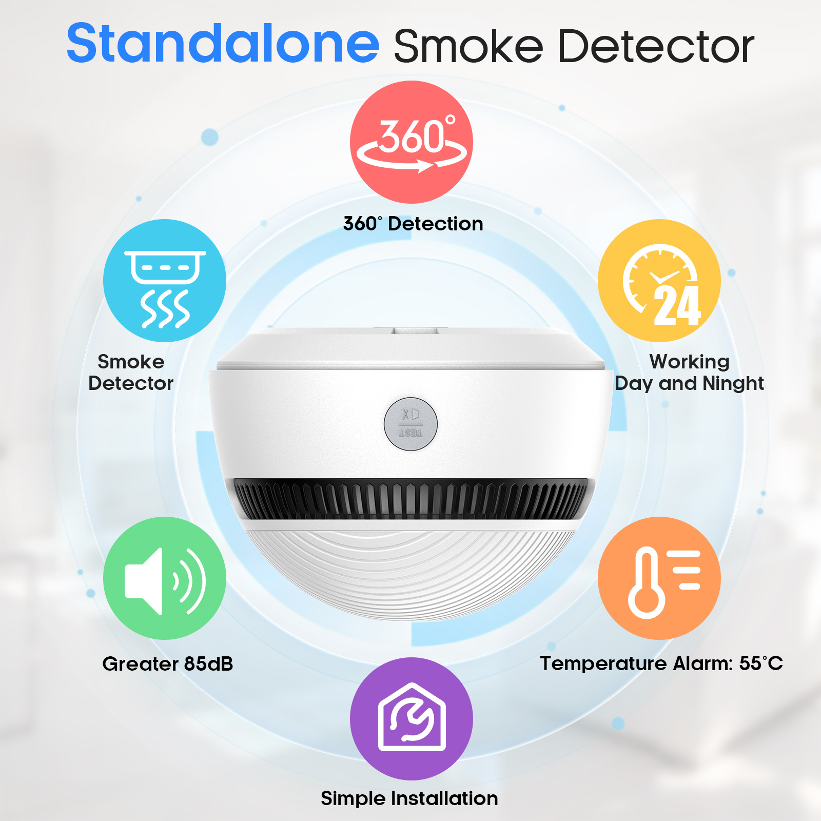 Détecteur de fumée PGST avec détection à 360° et fonction d'autodiagnostic. Protection pour la maison, l'école, l'hôpital, l'hôtel et le bureau.