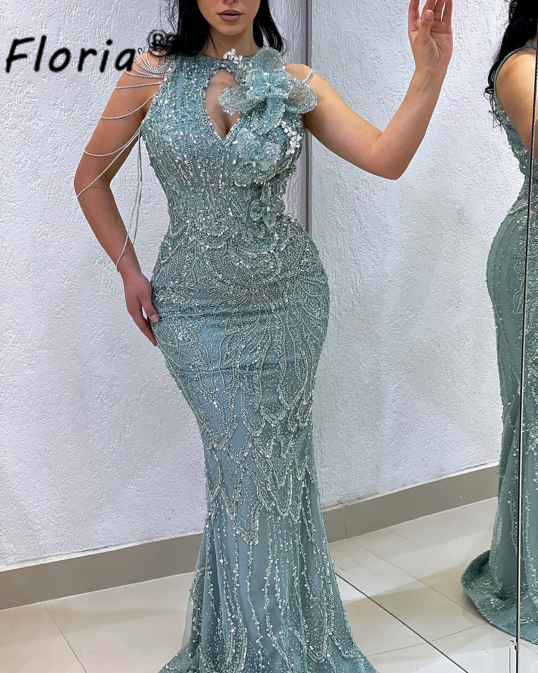 Unique Design Arabic Formal Celebrity Dress Green Beaded Crystals Mermaid Party Dress Appliques Sequin Robe de Soiree Prom Gown