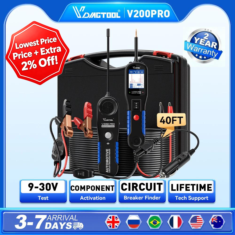 2026 VDIAGTOOL V200PRO Kit Probador de Circuitos de Alimentación Automotriz 12/24V con Cable de 40FT/12M, Probador de Relés y Fusibles, Localizador de Inyectores de Combustible y Disyuntores（En stock en Europa）