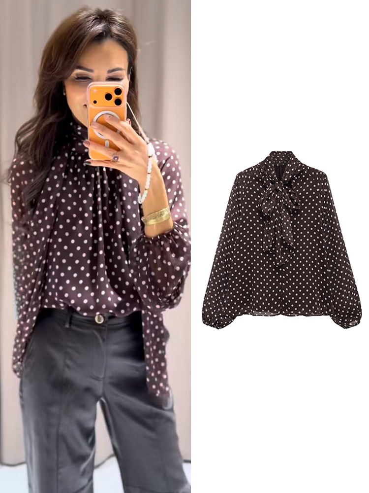 Nova chegada blusa feminina vintage bolinhas impresso casual topos moda arco elegante solto manga longa camisas de deslocamento senhoras