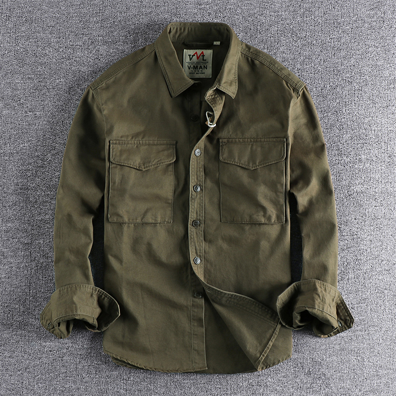 Jesienna nowość 204 khaki retro wash jednokolorowa koszula robocza męska trójwymiarowa kieszeń trend luźna kurtka