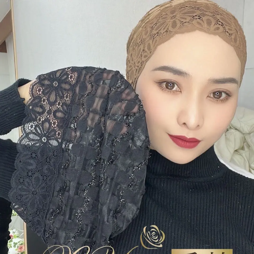 Gorro de encaje para mujer musulmana, Hijab voluminizador de flores, pañuelo islámico para la cabeza, turbante femenino