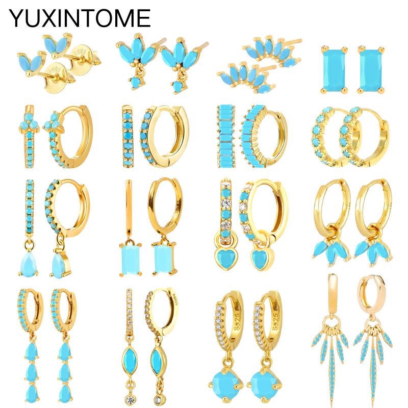 925 prata orelha agulha turquesa hoop brincos para mulheres ins estilo requintado flor azul cristal piercing huggie brincos jóias