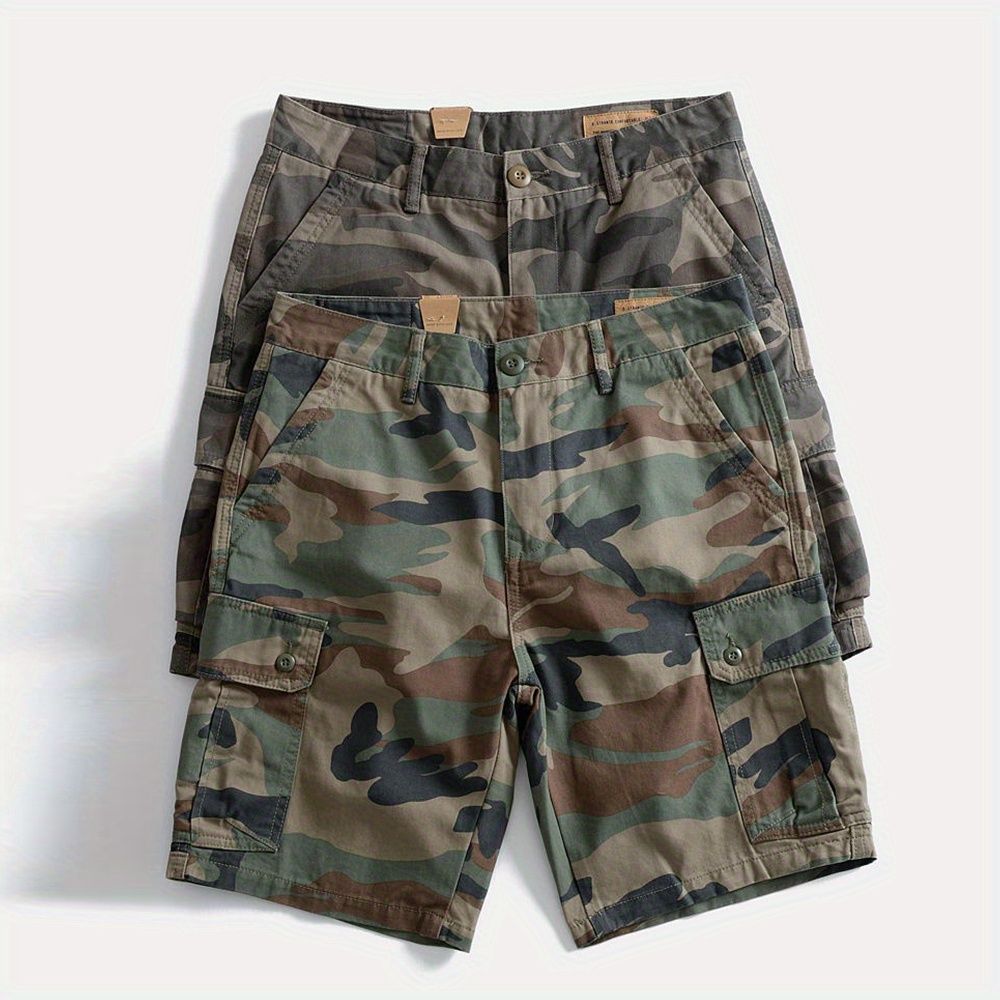 Pantalones cortos tipo overol de algodón puro, estilo americano, con múltiples bolsillos, retro, casuales para hombre, de cinco puntos, rectos, con estampado de camuflaje.