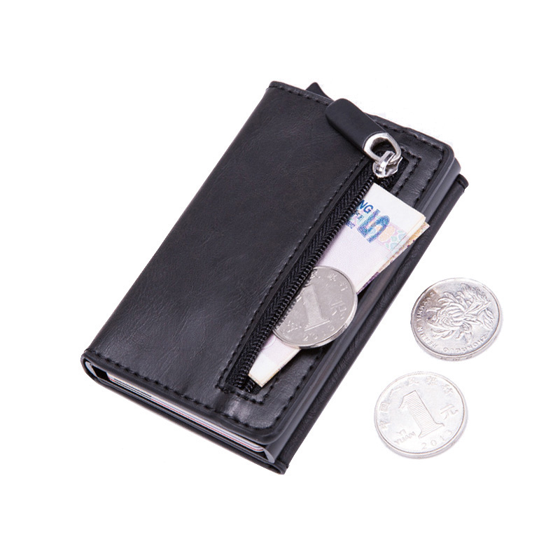 DIENQI 안티 Rfid id 카드 홀더 케이스 남성 가죽 금속 지갑 남성 동전 지갑 여성 지퍼가 달린 미니 탄소 신용 카드 홀더