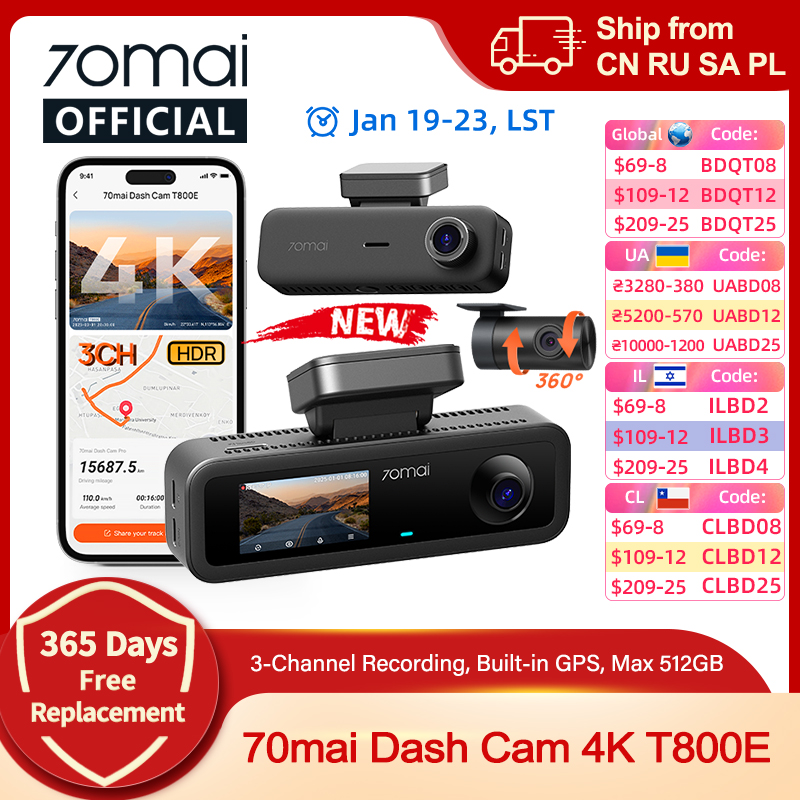 70mai 4K T800E cámara de salpicadero de 3 canales Interior delantero trasero 3 en 1 Control de voz compatible con supercondensador de estacionamiento 24 horas GPS 4K DVR para coche